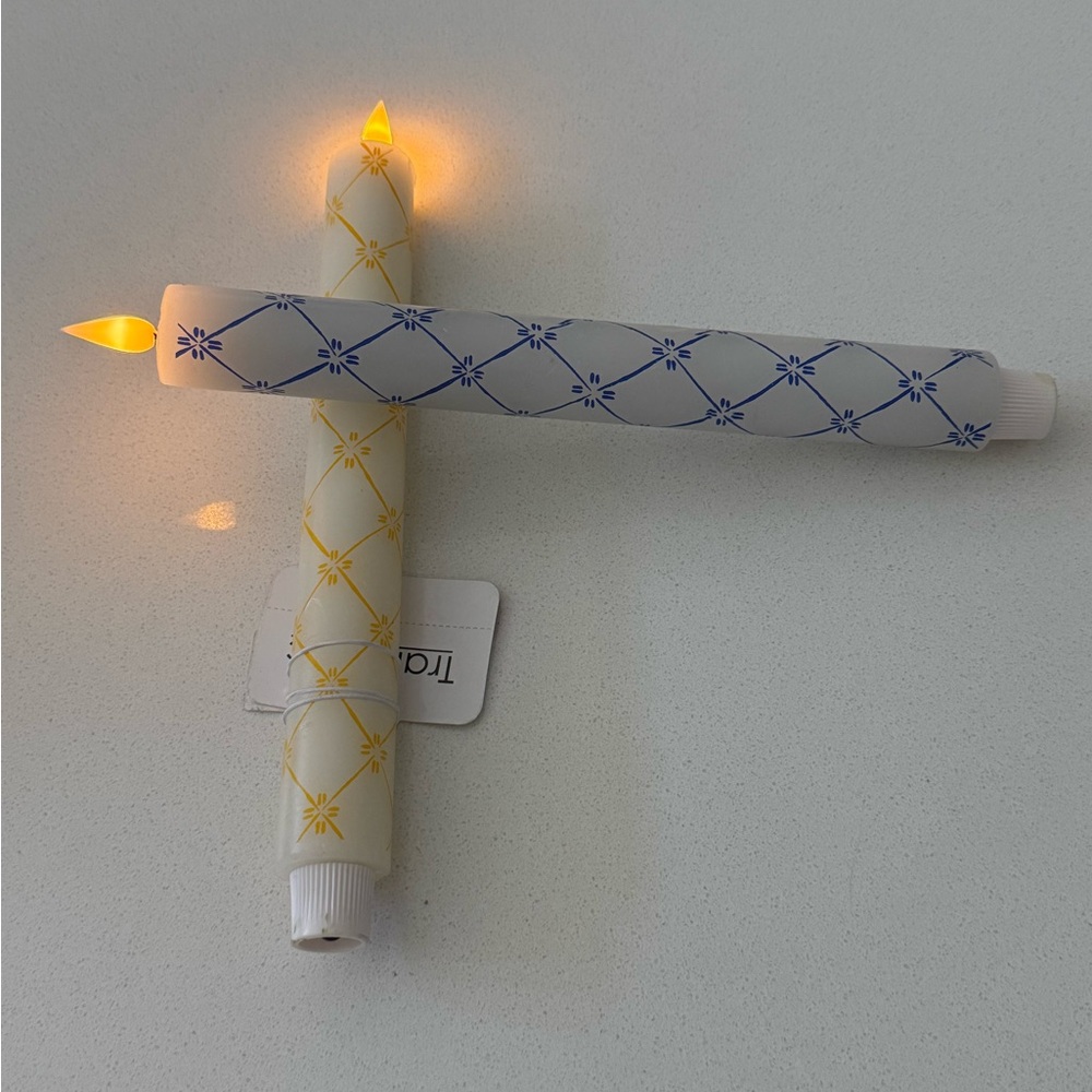 Flameless Candle Tapers Blue Yellow New Set Of 2 11"